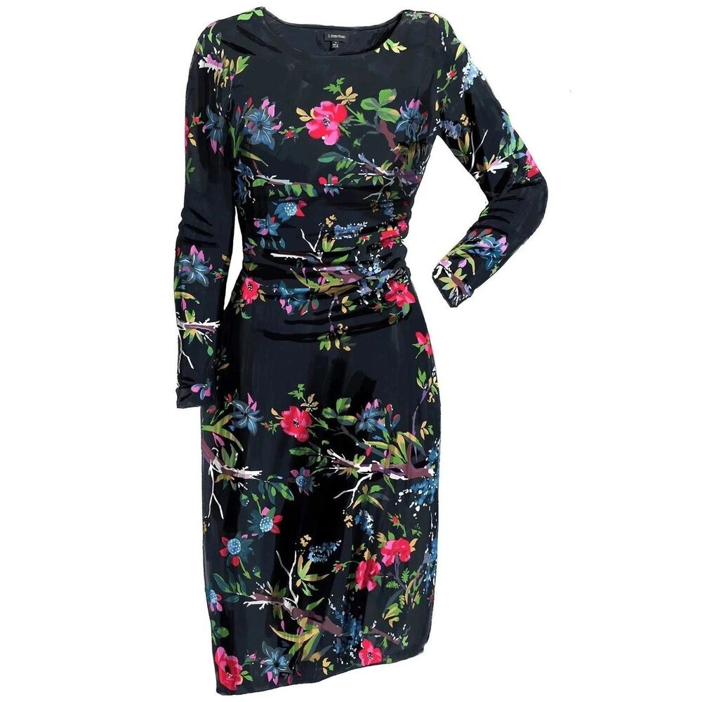 J. Peterman Womens Secret Keeper Ruched Side Midi Dress sz 10 Dark Floral Jersey